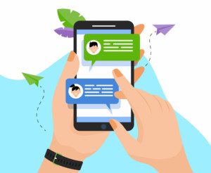 Hand holding mobile phone with online messages
